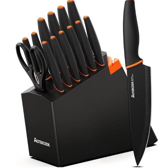 15 Pcs Kitchen Knife Set Dishwasher Safe Sharpener, HiCarbon German Steel&Block - Picture 1 of 6